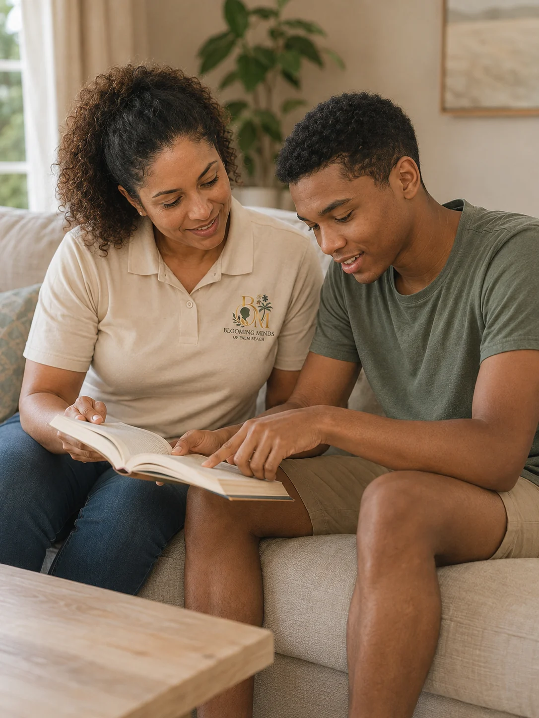 Representative photo of a support professional helping a young adult with reading at home
